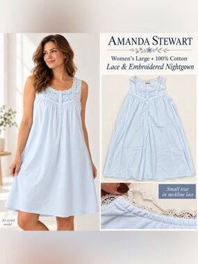 Amanda Stewart Blue 100% Cotton Lace Nightgown Women’s Large